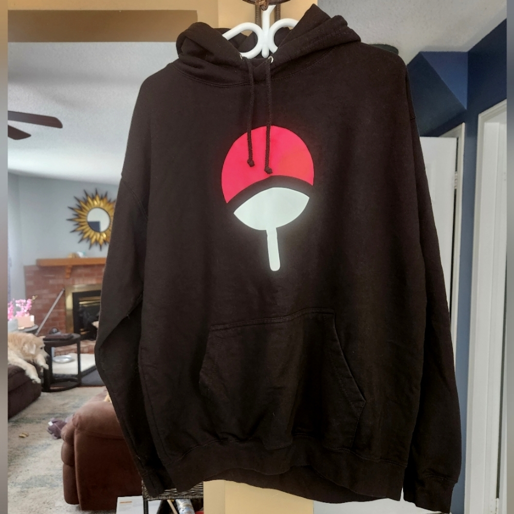 AWDis Size XL Unisex Black Hoodie with Anime Naruto Uchiha Clan Symbol